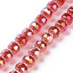 Red Transparent Electroplate Glass Beads Strands, AB Color Plated, Faceted, Rondelle, Red, 7.5x5mm, Hole: 1.4mm, about 80pcs/strand, 22.83''(58cm)