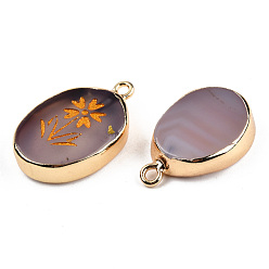Rosy Brown Natural Agate Pendants, with Light Gold Plated Brass Edge & Iorn Loops, Gold Powder, Dyed & Heated, Oval with Flower Charm, Rosy Brown, 23~24x15~16.5x4~6.5mm, Hole: 1.6mm