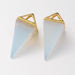 Opalite Point opalite pendentifs pendule, avec les accessoires en laiton plaqués or, 30~34x15x15mm, Trou: 5x6mm