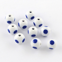Blue Dot Pattern Opaque Acrylic Beads, Round, Blue, 16x15mm, Hole: 3mm, about 220pcs/500g