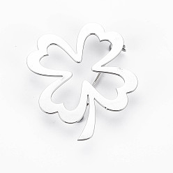 Stainless Steel Color Open Clover Brooch, 201 Stainless Steel Leaf Lapel Pin for Backpack Clothes, Nickel Free & Lead Free, Stainless Steel Color, 41x34x6mm, Pin: 0.7mm