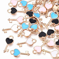 Mixed Color Alloy Pendants, with Enamel, Heart Key, Light Gold, Mixed Color, 16x7x2mm, Hole: 1.5mm