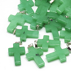 Malaysia Jade Dyed Natural Malaysia Jade Pendants, with Stainless Steel Snap On Bails, Cross, 29~30x18~19x5~6mm, Hole: 6x4mm