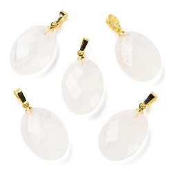 Quartz Crystal Natural Quartz Crystal Pendants, Rock Crystal Pendants, Faceted Oval Charms with Golden Plated Brass Snap on Bails, 21.8x13.4~13.5x6.2mm, Hole: 5.3x3.7mm