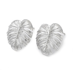 Real Platinum Plated Brass Stud Earring Finding, with Vertical Loop, Tropical Leaf, Real Platinum Plated, 18x18mm, Hole: 1.2mm, Pin: 0.7mm
