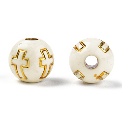 Beige Plating Acrylic Beads, Golden Metal Enlaced, Round with Cross, Beige, 8mm, Hole: 2mm, about 1800pcs/500g