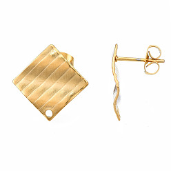 Golden 304 Stainless Steel Stud Earring Findings, with Ear Nuts/Earring Backs, Rhombus, Golden, 16x16.5mm, Hole: 1.4mm, Pin: 0.5mm