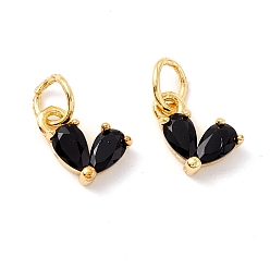 Black Rack Plating Brass Cubic Zirconia Charms, with Jump Ring, Cadmium Free & Lead Free, Real 18K Gold Plated, Heart, Black, 8x7x3mm, Jump Ring: 5x1mm,  3.5mm Inner Diameter