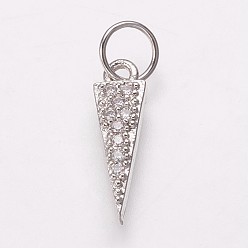 Platinum Brass Micro Pave Cubic Zirconia Charms, Triangle, Clear, Platinum, 13.5x4x2mm, Hole: 3.5mm