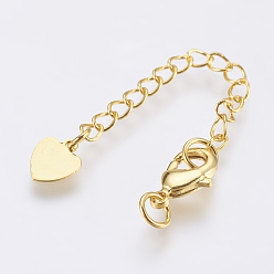 Золотой Латунный удлинитель цепи, с застежками из лобстера и подвеской в виде сердца, золотые, 70.5x3 мм, отверстие : 3.5 мм, застежка : 10x7x3 mm
