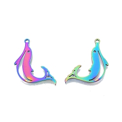 Rainbow Color Ion Plating(IP) 201 Stainless Steel Pendants, Dolphin, Rainbow Color, 26.5x16.5x1.5mm, Hole: 1.6mm
