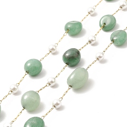 Green Aventurine Ion Plating(IP) 316 Surgical Stainless Steel Paperclip Chains, with Natural Green Aventurine Nuggets Beads and Glass Beads, Soldered, Real 18K Gold Plated, with Spool, Link: 3x1x0.3mm, Glass: 3~4.5mm, Gemstone: 6~10x4~9.5x4~7mm