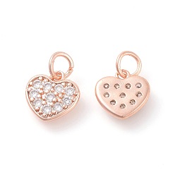 Rose Gold Brass Micro Pave Cubic Zirconia Charms, Heart, Clear, Rose Gold, 10x10x1.8mm, Hole: 3mm