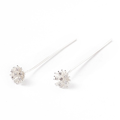 Silver Brass Micro Pave Clear Cubic Zirconia Flower Head Pins, Silver, 50mm, Pin: 21 Gauge(0.7mm)