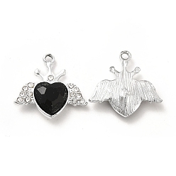 Noir Pendentifs en verre d'alliage, coeur en strass cristal avec breloque aile, platine, noir, 21.5x22.5x5.5mm, Trou: 2mm