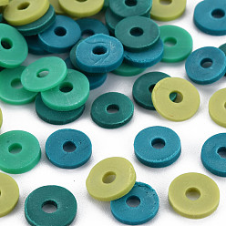 Dark Cyan 4 Colors Handmade Polymer Clay Beads, Heishi Beads, Disc/Flat Round, Dark Cyan & Medium Aquamarine & Dark Turquoise & Yellow Green, 8x0.5~1.5mm, Hole: 2mm, about 11500pcs/1000g