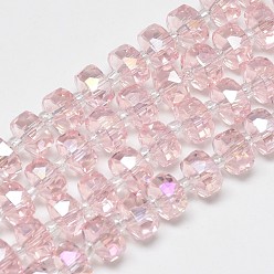 Pink Electroplate Glass Beads Strands, Rainbow Plated, Faceted, Flat Round, Pink, 10x6mm, Hole: 1.5mm, about 60pcs/strand, 18.9 inch