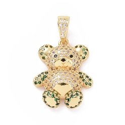 Green Brass Cubic Zirconia Pendants, Golden, Bear Charm, Green, 24x19x5mm, Hole: 4x6.5mm