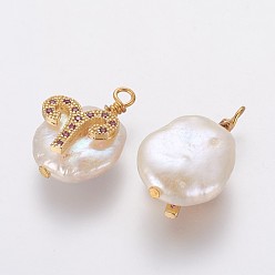 Aries Natural Cultured Freshwater Pearl Pendants, with Brass Micro Pave Cubic Zirconia Findings, Nuggets with Constellation, Golden, Fuchsia, Aries, 17~22x11~16x5~11mm, Hole: 1.6mm