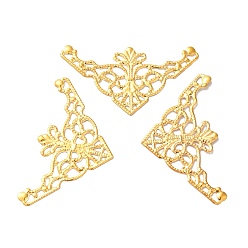 Golden Iron Filigree Joiners, Etched Metal Embellishments, Corner Shape with Flower, Golden, 26x48x0.5mm