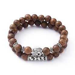 Coconut Brown Stretch Bracelets Sets, with Natural Wood Beads and Tibetan Style Alloy Beads, Elephant & Tube, Coconut Brown, Inner Diameter: 2 inch(5.2cm), 2pcs/set