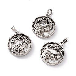 Howlite Natural Howlite Pendants, Flat Round Charms with Rack Plating Antique Silver Tone Brass Dragon, Cadmium Free & Lead Free, 32x28x7.5mm, Hole: 8.5x5mm