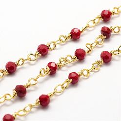 Red Handmade Glass Beaded Chains, with Spool, Unwelded, Faceted Rondelle, Imitation Jade, with Brass Findings, Golden, Red, 4mm, about 32.8 Feet(10m)/roll