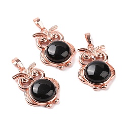 Obsidian Natural Obsidian Pendants, Owl Charms, with Rose Gold Tone Rack Plating Brass Findings, 35x23.5x8~9mm, Hole: 8x5mm