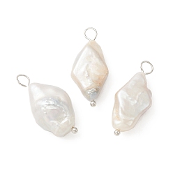 Platino Colgantes de perlas keshi de perlas barrocas naturales, encantos de rombos, con instrumentos de viento, Platino, 23.5~24x10~12x5.5~7 mm, agujero: 3 mm