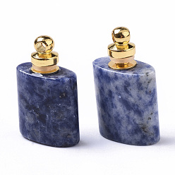 Jaspe Avec Point Bleu Pendentifs de bouteille de parfum ouvrables en jaspe bleu naturel, avec les accessoires en laiton de tonalité d'or, bouteille d'huile essentielle, 31~33x20.5x10.5mm, Trou: 2.5mm, capacité: 1~2 ml (0.03~0.06 fl. oz)