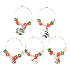 Mixed Shapes Christmas Theme Alloy Enamel Wine Glass Charms, with 316 Surgical Stainless Steel Hoop Earring Findings and Glass Seed Bead, Mixed Shapes, 62~74mm, 5pcs/set