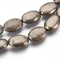 Hematite Plated Natural Pyrite Beads Strands, Oval, Hematite Plated, 14x10x5~5.5mm, Hole: 0.8mm, about 14pcs/strand, 7.95 inch(19.5cm)