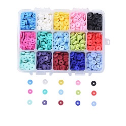 Color mezclado 15 abalorios de arcilla polimérica hechos a mano ecológicos de colores, disco / plano y redondo, perlas heishi, color mezclado, 8x0.5~1 mm, agujero: 2 mm, sobre 190~200 pcs / color, 2850~3000 unidades / caja