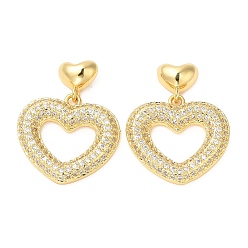 Real 18K Gold Plated Rack Plating Brass Heart Dangle Stud Earrings with Cubic Zirconia, Lead Free & Cadmium Free, Real 18K Gold Plated, 25mm