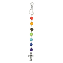 Mixed Stone Crucifix Cross & Heart Alloy Pendant Decorations, Chakra Natural & Synthetic Mixed Stone Beads and Lobster Claw Clasps Charms, 155mm