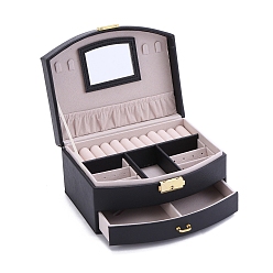 Negro Cajas de cajones de almacenamiento organizadoras de joyas de cuero de imitación de 2 niveles, con espejo en el interior, Rectángulo, negro, 20x16x10.5 cm