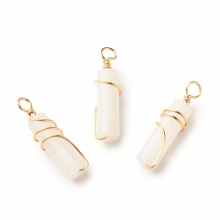White Jade Natural White Jade Pendants, with Light Gold Tone Eco-Friendly Copper Wire Wrapped, Column, 20~21x5~5.5mm, Hole: 2.3~2.8mm