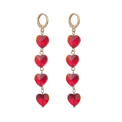 Red Glass Heart Tassel Dangle Leverback Earrings, Golden Brass Long Drop Earrings for Women, Red, 70mm, Pin: 0.8mm