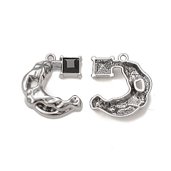 Black Alloy Glass Pendants, Gunmetal, Crescent Moon with Square Charms, Black, 22.5x20x4mm, Hole: 1.5mm