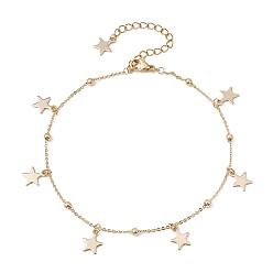 Golden 304 Stainless Steel Star Charm Anklets with Brass Satellite Chains, Golden, 9 inch(22.7cm)