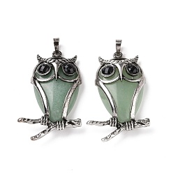 Green Aventurine Natural Green Aventurine Pendants, with Antique Silver Tone Alloy Findings, Cadmium Free & Lead Free, Owl Charm, 50x32x9mm, Hole: 7x5mm