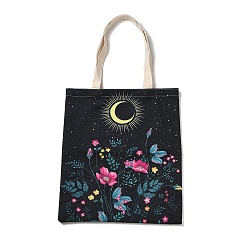 Hot Pink Flower & Butterfly & Moon Printed Canvas Women's Tote Bags, with Handle, Shoulder Bags for Shopping, Rectangle, Hot Pink, 60cm