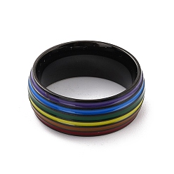 Electrophoresis Black Rainbow Pride Finger Ring, Stripe Grooved Flat Titanium Steel Finger Ring for Women, Electrophoresis Black, US Size 7(17.3mm)