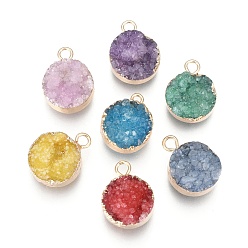 Mixed Color Natural Druzy Agate Pendants, with Real 18K Gold Plated Brass Finding, Long-Lasting Plated, Flat Round, Dyed, Mixed Color, 18~20x14x5~10mm, Hole: 2~3mm