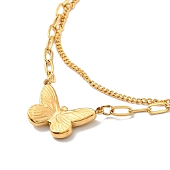 Oro Collar de doble capa con dije de mariposa y vidrio transparente, chapado de iones (ip) 304 joyas de acero inoxidable para mujer, dorado, 15.35 pulgada (39 cm)