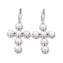 Platine Boucles d'oreilles créoles pendantes croix zircone cubique avec perle d'imitation en plastique ABS, bijoux en laiton pour femmes, platine, 47mm, pin: 1.2x0.8 mm