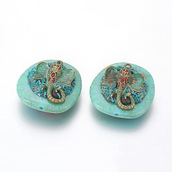 Raw(Unplated) Handmade Indonesia Beads, with Resin and Brass Findings, Flat Round with Indian Elephant, Unplated, Medium Turquoise, 35.5x36x15mm, Hole: 2mm