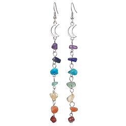 Moon Chakra Theme Natural & Synthetic Gemstone Chip Dangle Earrings, Hollow Alloy Earrings for Women, Moon, 110x8.5mm