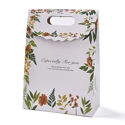 Blanco Bolsas de regalo con tapa de papel rectangular, con mango y patrón de palabra y hoja, bolsas de compra, blanco, 19x9.1x26.2 cm