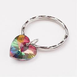 Colorful Iron Keychain, with Heart Glass Pendants, Silver Color Plated, Colorful, 41mm, Pendant: 18x14x7mm
